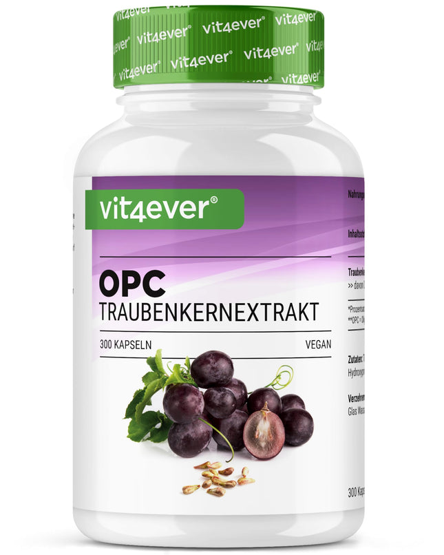 OPC vīnogu kauliņu ekstrakts - 300 kapsulas - 1000 mg ekstrakta ar 700 mg OPC - Augstākais OPC saturs saskaņā ar HPLC - Laboratorijā pārbaudīts OPC no Eiropas vīnogām - Vegāns - Augsta deva