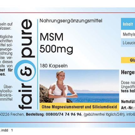 Fair &amp; Pure® - MSM 500 mg kapsulas - 180 kapsulas - metilsulfonilmetāns - vegāns - bez magnija stearāta
