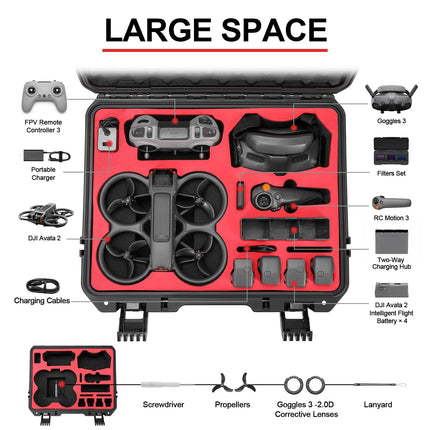 Uvafly Avata 2 cietais futrālis, ūdensnecaurlaidīga soma DJI Avata 2 Fly More Combo dronam, ceļojumu uzglabāšanas soma RC Motion 3, FPV tālvadības pults 3 piederumi (3 piemērotas brillēm)