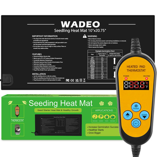 WADEO augu sildīšanas paklājiņš 52 x 25 cm, stādu sildīšanas paklājiņš ar termostatu no 5°C līdz 45°C, siltumnīcas sildīšanas paklājiņš ūdensnecaurlaidīgs, siltāks paklājiņš stādu diedzēšanai