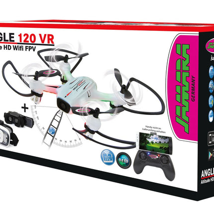 JAMARA 422029 - Angle 120 Altitude HD Wifi VR, inkl. VR-Brille, Altitude Hold Adjustment, Kompass/Flyback, Track following - Flugbahn-Planung-Modus,120° Weitwinkel-Kamera,Unterspannungswarnung,40 KM/h