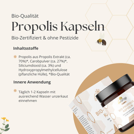 Bedrop organiskās propolisa kapsulas 800 mg vienā kapsulā, augsta deva - 60 propolisa ekstrakta kapsulas no bioloģiskās biškopības - Bagāta ar polifenoliem un flavonoīdiem - Ilgtspējīgā stikla iepakojumā
