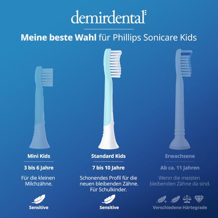 Demirdental rezerves birstes bērniem, piemērotas Philips Sonicare rezerves birstēm Kids, bērnu Sonic zobu birstes, bērnu rezerves birstes no 7 gadu vecuma, atbilst HX6044, tirkīza krāsā, 8 gabalu komplekts