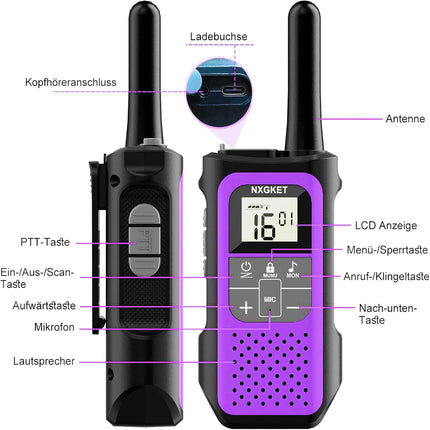Rāciju komplekts (3 gab.), NXGKET rācija 5 km pieaugušajiem un bērniem, 16 kanālu radio komplekts, uzlādējams ar 1200mAh litija jonu akumulatoru, USB-C uzlādes kabelis, VOX kempingam, pārgājieniem, ceļošanai, slēpošanai, makšķerēšanai, medībām