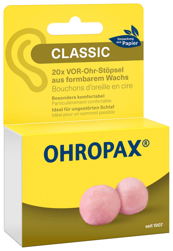 OHROPAX Classic ausu aizbāžņi – ausīs ievietojami ausu aizbāžņi aizsardzībai pret troksni, mitrumu un vēju – izgatavoti no formējama, elastīga vaska – ērti un piemēroti visām ausīm – skaņas izolācijas vērtība SNR 21 dB – 20 gabali