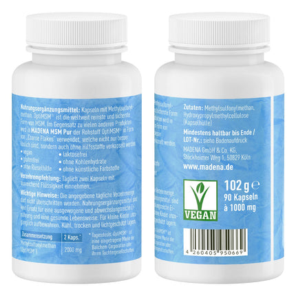 MADENA MSM Pure, OptiMSM metilsulfonilmetāns 90 vegāniskās kapsulas, tīrākais MSM pasaulē, augsta deva un optimāli biopieejams rupju pārslu veidā
