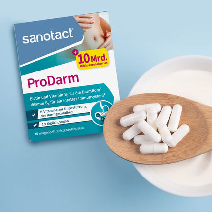 sanotact ProDarm (20 kapsulas) • 10 miljardi pienskābes kultūru + 3 baktēriju celmi zarnu attīrīšanai • Baktēriju kultūras kā zarnu attīrīšanas līdzeklis • Ar B6, B2 vitamīniem + biotīnu • Probiotiska zarnu attīrīšana
