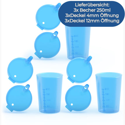 Horn Medical 3 pieaugušo dzeršanas krūzīšu/dzeršanas palīglīdzekļu komplekti (250 ml) ar diviem vāciņiem (liels un mazs atvērums) katrā komplektā - krāsa pēc izvēles (zila)