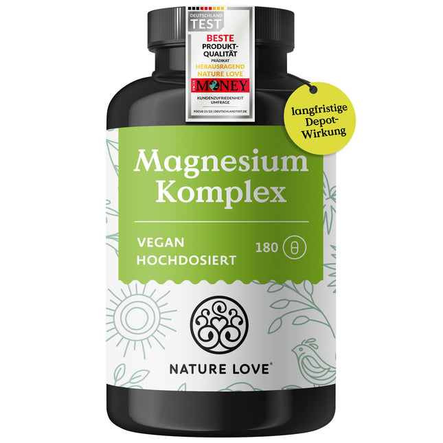 NATURE LOVE® Magnija komplekss - 180 kapsulas - 400 mg elementārā magnija dienā - magnija citrāts, magnija oksīds, magnija bisglicināts, magnija malāts, magnija skorbāts - vegāns, augsta deva