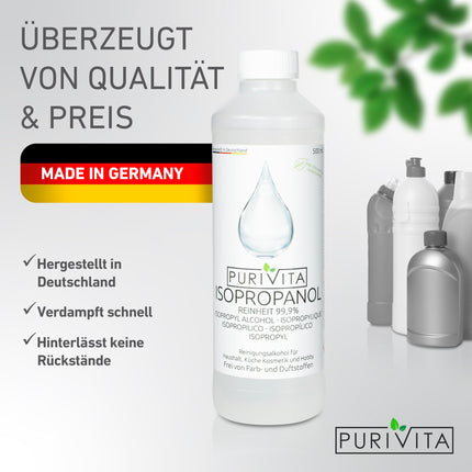 PURIVITA® izopropanols 99,9% [500 ml] - tīrīšanas spirts Izopropanols - tīrs spirts mājsaimniecības un rūpnieciskai tīrīšanai - izopropilspirts - dezinfekcijas līdzeklis Tīrs spirts - etilspirts