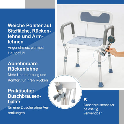 Akriva Comfort dušas sēdeklis ar atzveltni - regulējams augstums vannas krēslam - neslīdošs dušas sēdeklis - dušas krēsls ar dušas galvas turētāju (Comfort Plus)