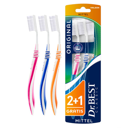 Dr.BEST oriģinālā zobu birste, vidēja izmēra, izdevīgajā iepakojumā, ikdienas tīrīšanai ar pārbaudītu Dr.BEST plakanu griezumu. Elastīgā zona un noapaļoti sariņi rūpīgai un saudzīgai kopšanai.