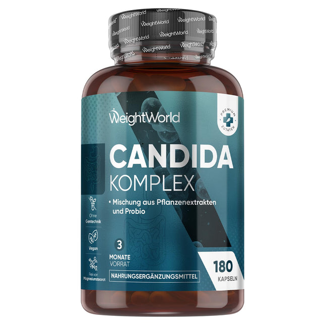 Candida Complex - 180 vegāniskas kapsulas - Bifidobaktērijas - Ar kaprilskābi, alveju, cinku, vīnogu kauliņu ekstraktu - Lactobacillus acidophilus - Laboratorijā pārbaudītas sastāvdaļas - 3 mēnešu krājums - WeightWorld