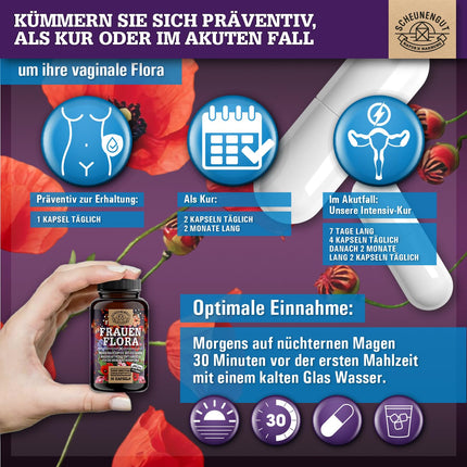 FRAUENFLORA® Intīmās floras komplekss 200 miljardi CFU/g — SVARĪGI: Laboratorijā pārbaudīti 4 baktēriju celmi Lactobacillus reuteri, rhamnosus, crispatus, acidophilus — zarnās šķīstošs apvalks — SCHEUNENGUT®