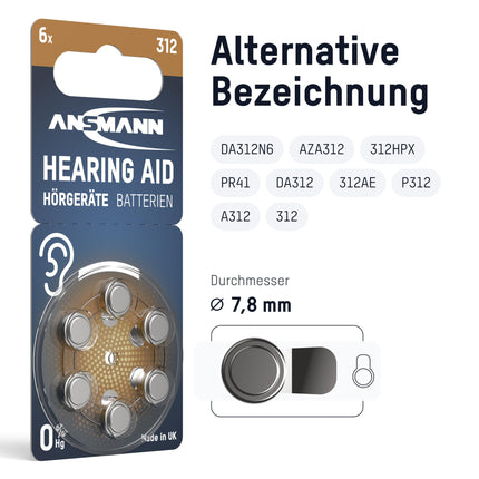 ANSMANN dzirdes aparātu baterijas, 312. tipa, brūnas, P312 ZL3 PR41, 60 gab., cinka-gaisa 1,4 V, uzglabāšanas iepakojums, dzirdes aparātu baterijas, viegli aizsniedzamas