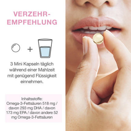 Premium Omega-3 kapsulas – mammai un mazulim – 293 mg DHA un 173 mg EPA – pirms, grūtniecības laikā un pēc tās – drošas un svaigas Omega-3 – viegli lietojamas – 90 mini kapsulas