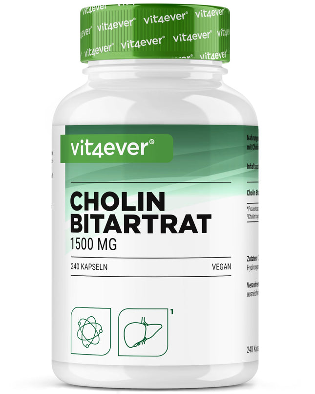 Tīra holīna kapsulas - 240 kapsulas ar 750 mg holīna bitartrāta - 4 mēnešu krājumi - aknas, homocisteīns un lipīdu metabolisms - aktīvs holīns - dabīgs - augsta deva - vegāns