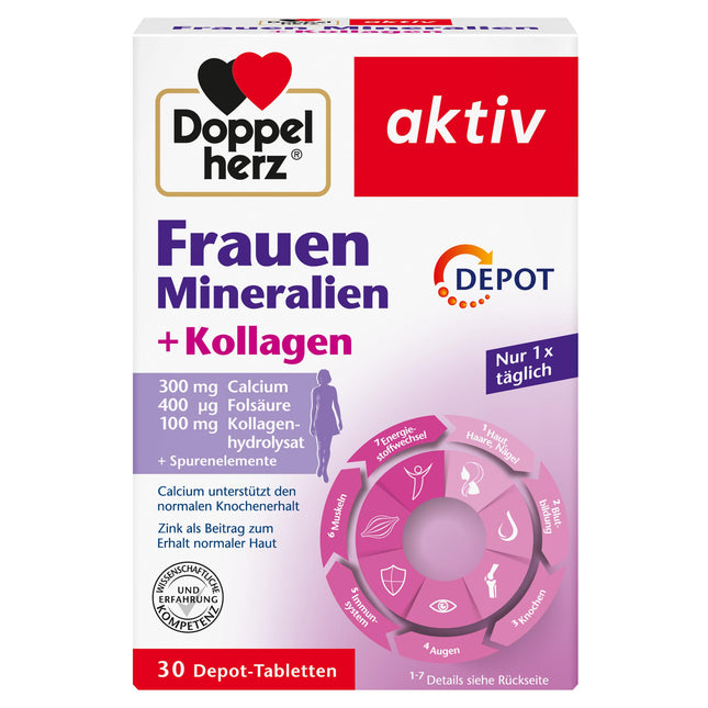 Doppelherz sieviešu minerāli + kolagēns - kalcijs, folskābe, kolagēna hidrolizāts + mikroelementi - 30 DEPOT tabletes