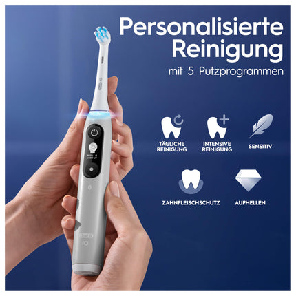 Oral-B iO Series 6 Plus Sensitive Edition elektriskā zobu birste, PLUS 3 birstes galviņas, 5 tīrīšanas režīmi zobu kopšanai, ceļojumu maciņš, Braun dizains, pelēka opāla