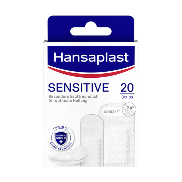 Hansaplast Sensitive plāksteri (20 strēmelītes), ādai draudzīgi un hipoalerģiski brūču plāksteri ar baktēriju aizsardzību un drošu līmes stiprību, nesāpīgi noņemami plāksteri