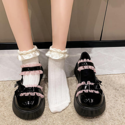 Sieviešu Lolita apavi ar papēdi, Mary Jane mežģīņu pumpas ar bantīti, Kawaii, jauki Cosplay apavi ar ķīļveida papēdi, krusteniskas siksnas, bloka papēdis, salds stils
