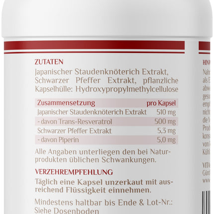 Resveratrols I Salīdzinājuma uzvarētājs* I 500 mg trans-resveratrola vienā kapsulā I 90 kapsulas (3 mēneši) no Japānas dižsūrenes I laboratoriski pārbaudīts I vegāns I lielas devas I Vitaconcept