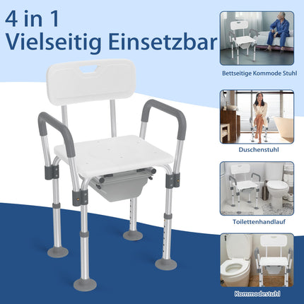 YRHome Augstumā regulējams alumīnija tualetes krēsls, dušas krēsls ar noņemamiem roku balstiem un atzveltni, neslīdošs dušas krēsls, līdz 150 kg, senioriem, grūtniecēm un cilvēkiem ar ierobežotu mobilitāti