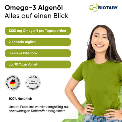 Omega 3 vegāns no aļģu eļļas 140 mīkstās kapsulas | 600 DHA un 300 EPA+ E vitamīns vienā dienas devā | apm. 3 mēnešu krājumi, ieskaitot tablešu kastīti | laboratoriski pārbaudīts | augsta biopieejamība