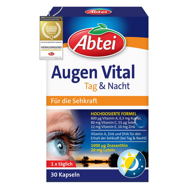 Abtei Eye Vital Day and Night - ar A vitamīnu, luteīnu, DHA un zeaksantīnu - redzes uzturēšanai - augsta deva, bez glutēna, bez laktozes - 30 kapsulas