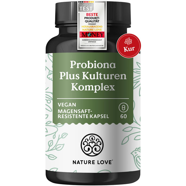 NATURE LOVE® Probiona PLUS - 120 miljardi CFU dienā (liela deva) - 20 baktēriju celmi + organiskais inulīns - 60 kuņģa skābei izturīgas kapsulas - vegāns, izstrādāts Vācijā, firmas izejviela no Itālijas