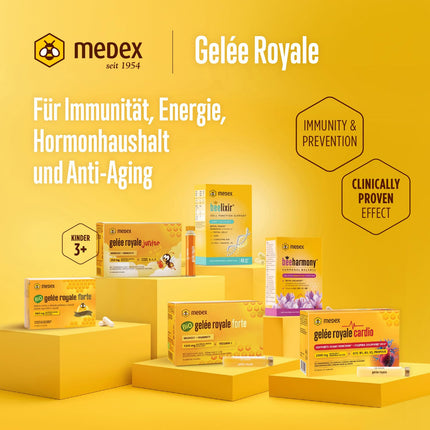 Medex Organic Royal Jelly FORTE, īpaši stiprs ar 1500 mg peru pieniņa, šķidrums ampulās, viegli atverams, ar dabīgu C vitamīnu, no bioloģiskās lauksaimniecības, 10 x 9 ml