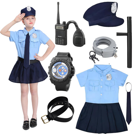 Policista kostīms bērniem, policists meitenēm ar aksesuāriem, ieročiem, policijas roku dzelžiem, rācijām, cepures un jostas Helovīna kostīmam, Cosplay karnevāla zils, 150 cm