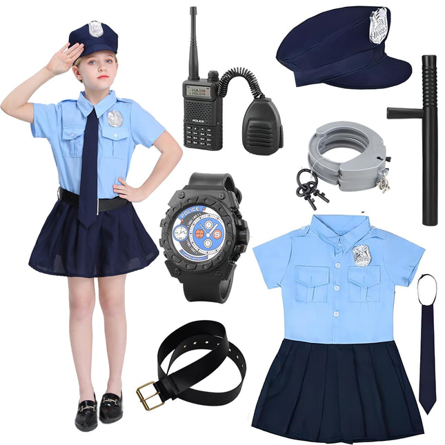 Policista kostīms bērniem, policists meitenēm ar aksesuāriem, ieročiem, policijas roku dzelžiem, rācijām, cepures un jostas Helovīna kostīmam, Cosplay karnevāla zils, 150 cm