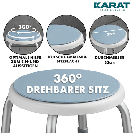 KARAT dušas krēsls - 360° rotējošs dušas krēsls, celtspēja līdz 136 kg, regulējams augstumā ar neslīdošām gumijas kājiņām drošai fiksācijai - vannas istabas krēsls, dušas palīgierīce, dušas sēdeklis
