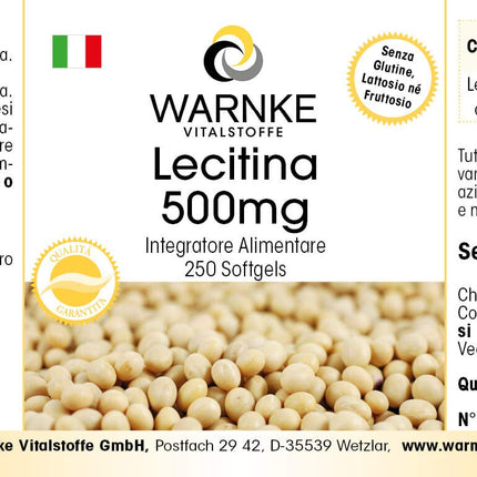 Lecitīns 500 mg - no sojas - 250 mīkstās kapsulas - bez ĢMO - liela deva - lielapjoma iepakojums | Warnke Vitalstoffe - Vācijas aptieku kvalitāte