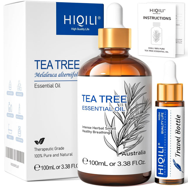 HIQILI 100 ml tējas koka eļļa, 100% tīra dabīga tējas koka eļļa difuzoram, pūtītēm, ādai, nagiem, komplektā ceļojumu pudelīte