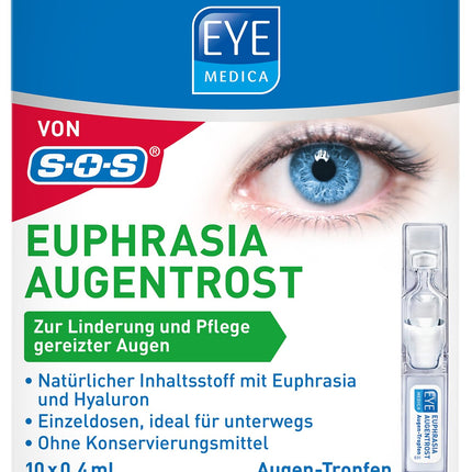 EyeMedica Euphrasia acu pilieni sausām un kairinātām acīm, mitrinoši, nomierinoši un kopjoši, ar hialuronskābi, 10 x 0,4 ml vienreizējas devas