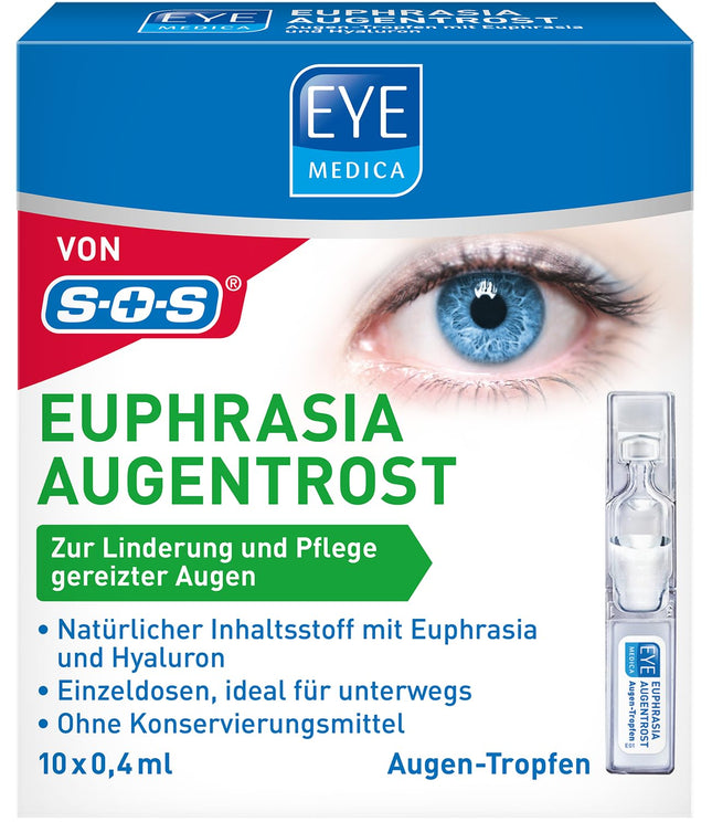 EyeMedica Euphrasia acu pilieni sausām un kairinātām acīm, mitrinoši, nomierinoši un kopjoši, ar hialuronskābi, 10 x 0,4 ml vienreizējas devas