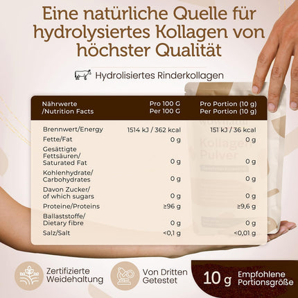 WOWNATUR® kolagēna pulveris 500 g - ideāla šķīdība - augstākās kvalitātes halāla kolagēna hidrolizāts - 1., 2. un 3. tipa peptīdi - oriģināls - (50 porcijas)