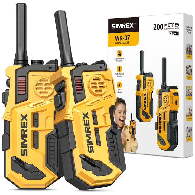 SIMREX rāciju komplekts bērniem (2 gab.), rotaļlietas no 3, 4, 5, 6, 7, 8 gadu vecuma, rācijas bērniem, āra spēles bērniem, rācijas bērnu rotaļlieta 200 metru diapazonā, dzeltenmelna