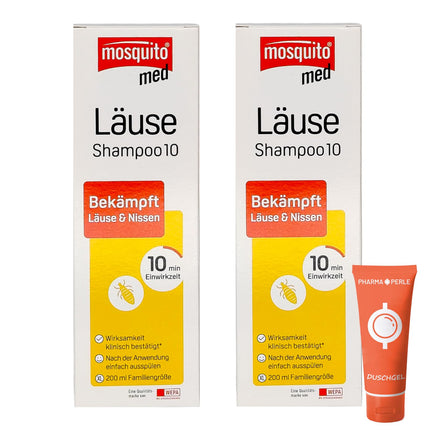 Mosquito med Lice Shampoo 10, 2 x 200 ml | Apkaro galvas utis un gnīdas | Praktisks pielietojums | Utu līdzeklis | Ģimenes lielums | Izdevīgs iepakojums plus Pharma Perle dāvana (2 x 200 ml)