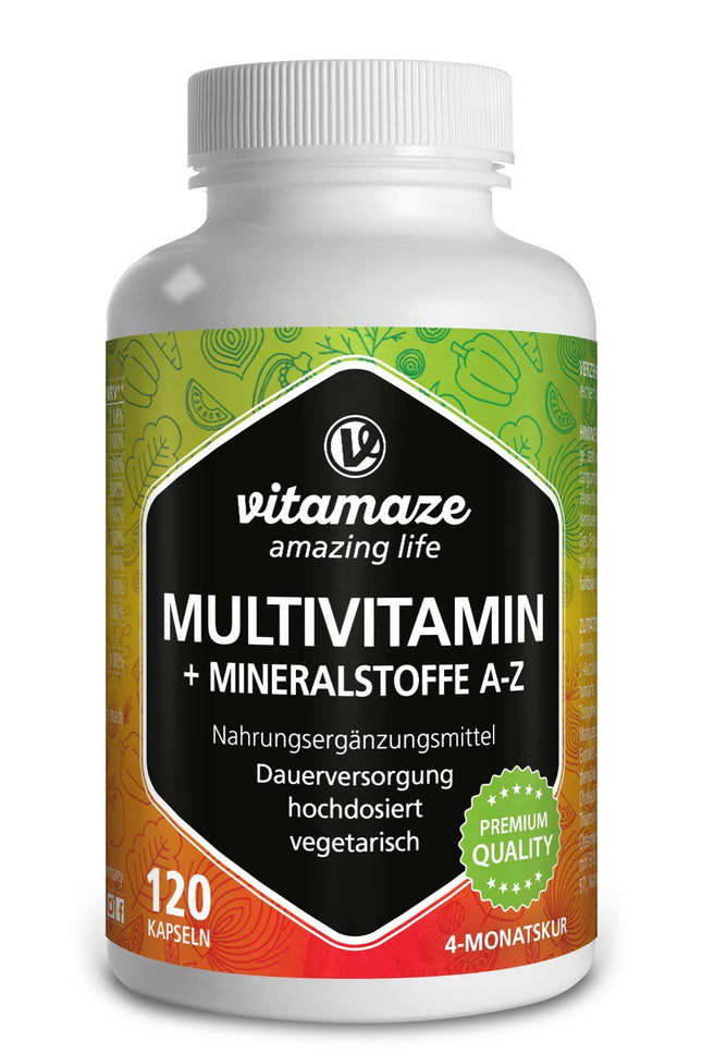 Multivitamīnu kapsulas ar augstu devu, 23 vērtīgi vitamīni AZ un minerālvielas, 120 veģetārās kapsulas 4 mēnešiem, optimāli apvienotas dzīvībai svarīgas vielas un mikroelementi