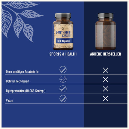 L-metionīna kapsulas - 500 mg dienā - 180 kapsulas - vegāns - bez piedevām