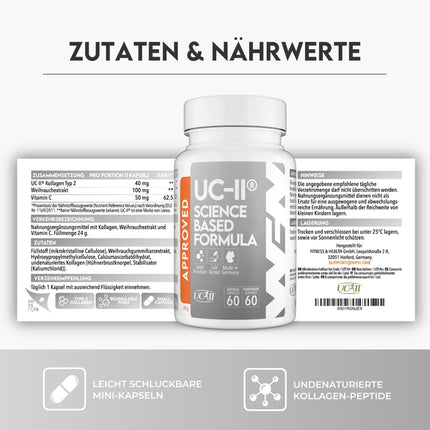 WFN apstiprināts UC-II - nedenaturēts 2. tipa kolagēns, augsta deva - 60 kapsulas - locītavu komplekss ar UC II kolagēnu, C vitamīnu un Boswellia Serrata - ražots Vācijā - ārēji laboratorijā pārbaudīts