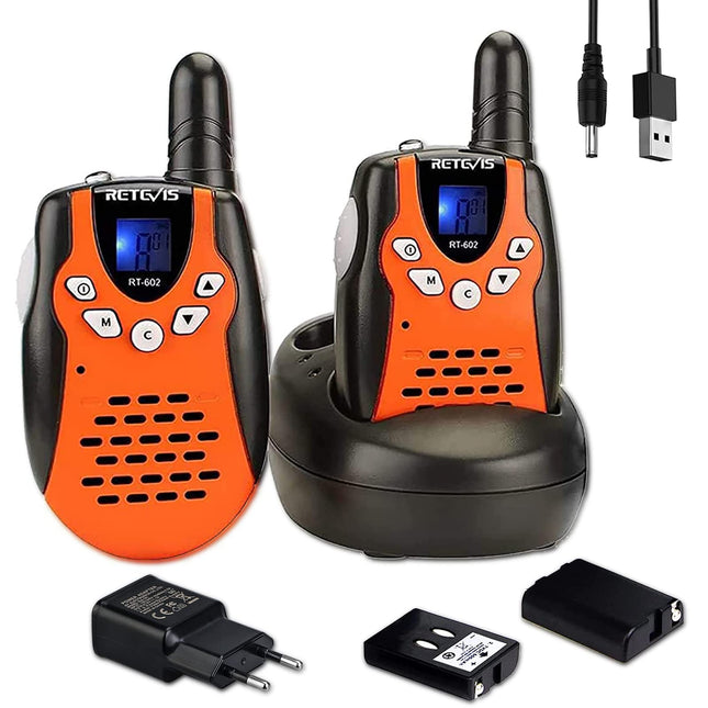 Retevis RT602 Walkie Talkie Kids 8 kanāli PMR446 bērnu divvirzienu radio ar uzlādējamām baterijām Lukturītis VOX LCD displejs Rotaļlietu spiegu aprīkojums Dāvanas bērniem (1 pāris, oranžs)