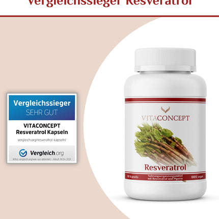 Resveratrols I Salīdzinājuma uzvarētājs* I 500 mg trans-resveratrola vienā kapsulā I 90 kapsulas (3 mēneši) no Japānas dižsūrenes I laboratoriski pārbaudīts I vegāns I lielas devas I Vitaconcept