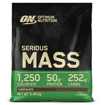 Optimum Nutrition Serious Mass augstas kaloritātes proteīna pulveris masas veidošanai ar 25 vitamīniem un minerālvielām, kreatīna monohidrātu un glutamīnu, šokolādes garšu, 16 porcijas, 5,45 kg