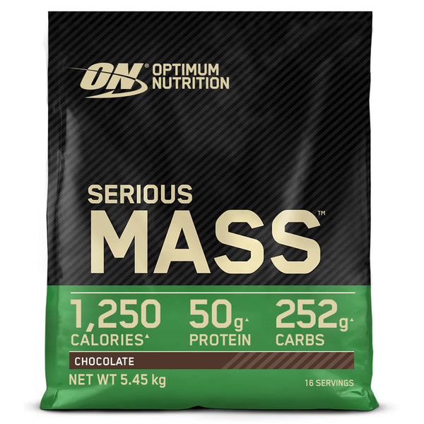Optimum Nutrition Serious Mass augstas kaloritātes proteīna pulveris masas veidošanai ar 25 vitamīniem un minerālvielām, kreatīna monohidrātu un glutamīnu, šokolādes garšu, 16 porcijas, 5,45 kg