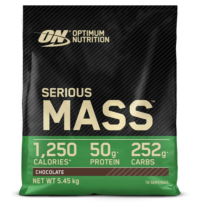 Optimum Nutrition Serious Mass augstas kaloritātes proteīna pulveris masas veidošanai ar 25 vitamīniem un minerālvielām, kreatīna monohidrātu un glutamīnu, šokolādes garšu, 16 porcijas, 5,45 kg