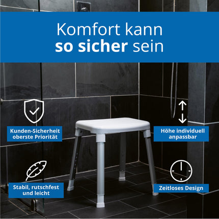 Weinberger dušas krēsls vannas istabas krēsls | Regulējams augstums | Neslīdošs | Celtspēja līdz 150 kg | Mūsdienīgs vannas istabas palīglīdzeklis senioriem | Modelis 43908 | Balts
